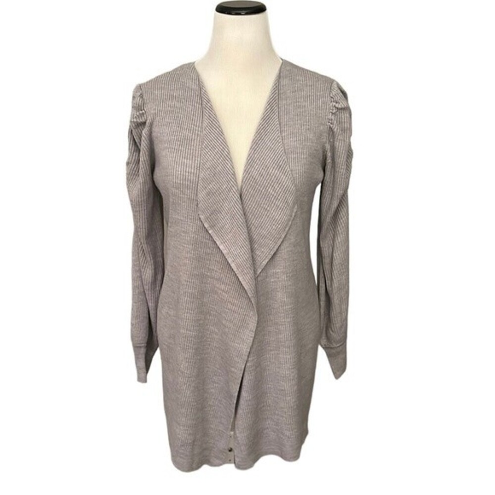 By Anthropologie Gray Ribbed Puff Sleeve Open Front Sweater Cardigan Size Small